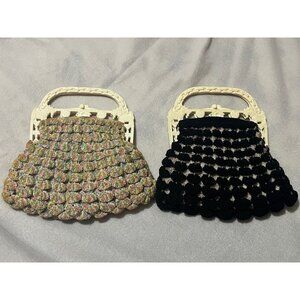 2 Crochet Purses 1 Multicolor and 1 Black  Both With Ivory Plastic Handles & Sat